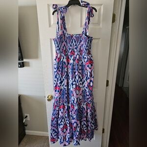 Crown & Ivy Blue and Pink Midi Dress with Bow Straps